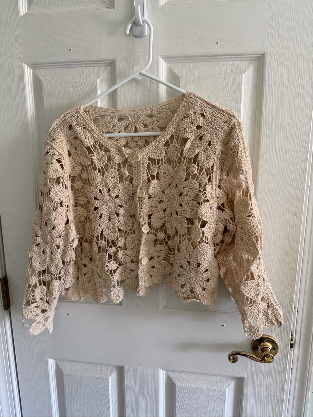 Crochet Floral Button-Front Top in Cream